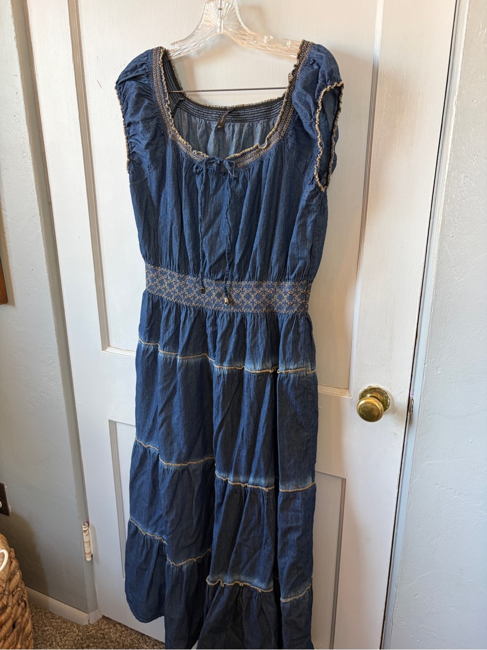 Boho Blue Tiered Maxi Dress with Smocked Waist. 1-19